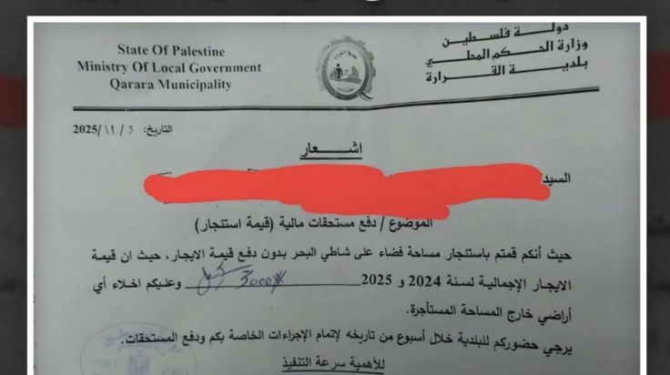 IDF infographic letter from al-Qarara demanding rent payments from Gazans