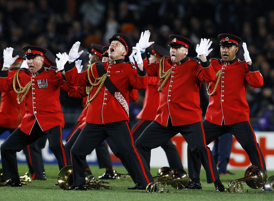 The New Zealand Army Band performs the Haka before the Rugby World Cup final match between New Zealand All Blacks and France at Eden Park in Auckland.