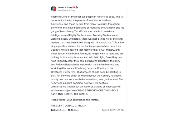 truth social khamenei death