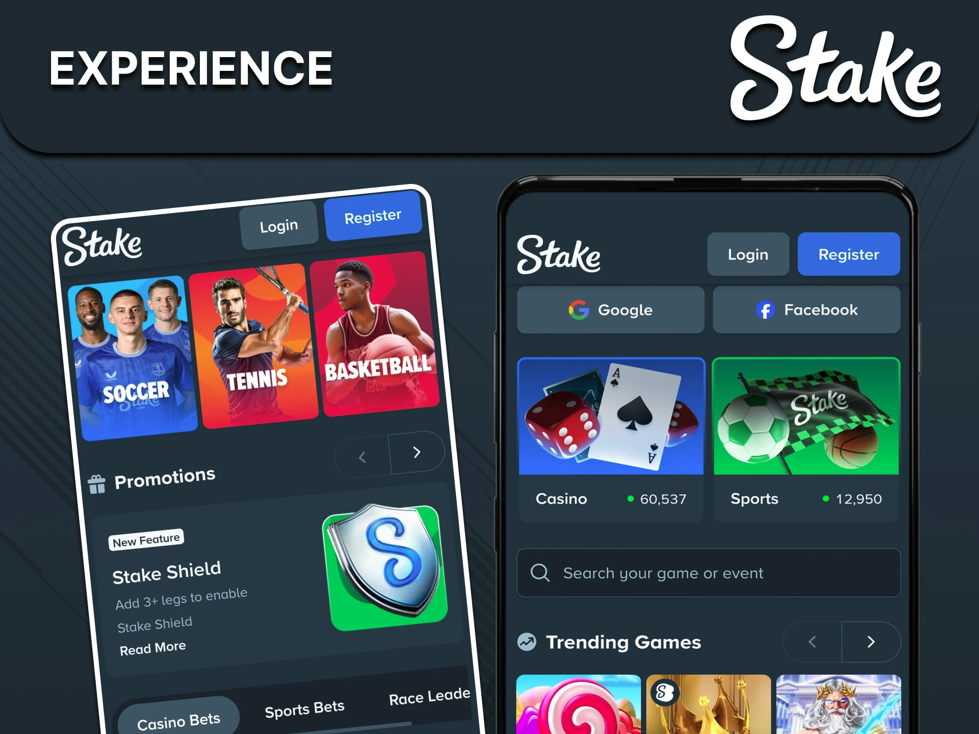 Screenshot der Stake App Benutzeroberfläche auf einem Smartphone und Desktop, zeigt Spiele und Wallet-Funktionen