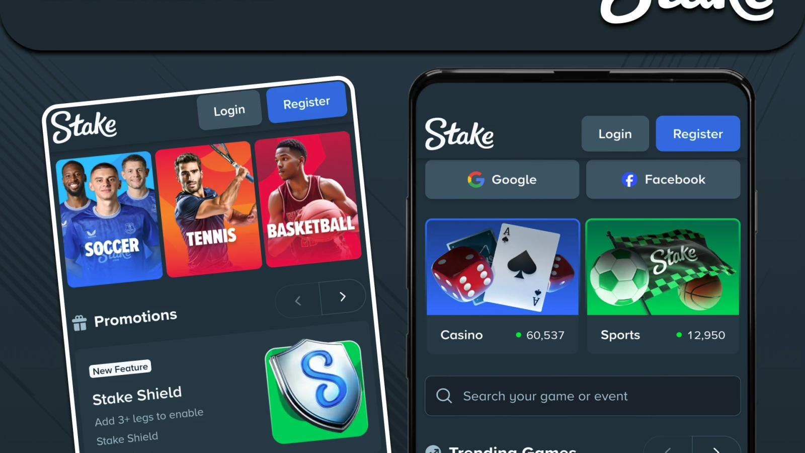 Screenshot der Stake App Benutzeroberfläche auf einem Smartphone und Desktop, zeigt Spiele und Wallet-Funktionen