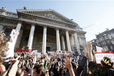&quot;Indignant&quot; demonstrators stage a protest in front of the Stock Exchange in Brussels