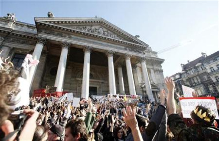 &quot;Indignant&quot; demonstrators stage a protest in front of the Stock Exchange in Brussels