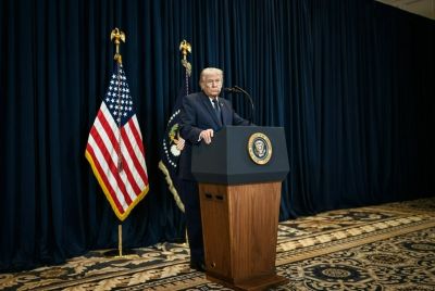 President Trump speaks at the White House podium during an official appearance.