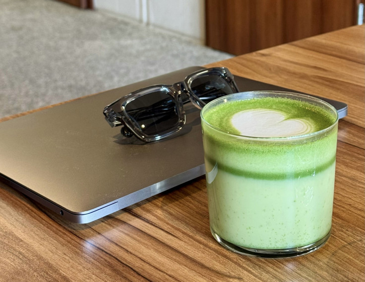 Matcha latte on the table in a coffee shop
