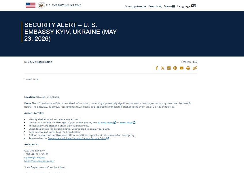 US Embassy in Kyiv Sounds Alarm Over Potentially Significant Russian Air Offensive on Ukraine Within the Next 24 Hours