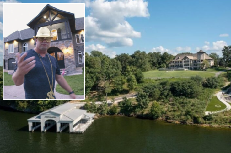 Inset: Photo of defendant Brett Blackman. Photo of mansion used
