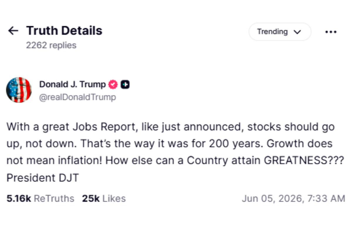 Trump Fumes at Nasdaq Plunge, Says 'Stocks Should Go Up, Not Down' After Bumper Jobs Report