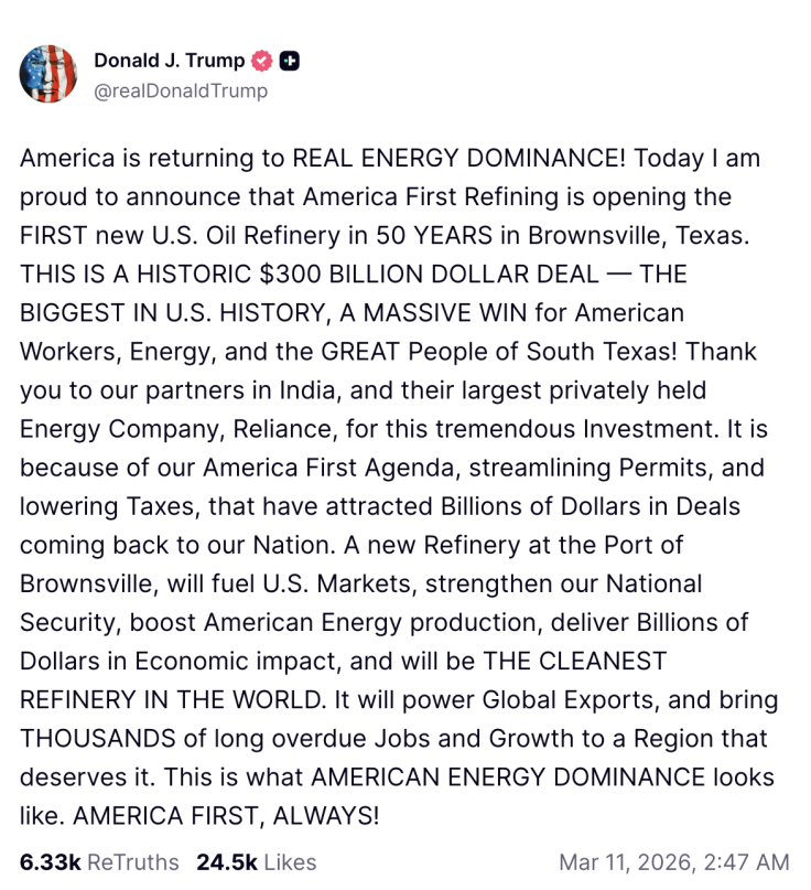 Trump praised Reliance for 'tremendous investment' in America First Refining.