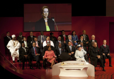 Britains Queen Elizabeth, accompanied by Commonwealth leaders, listens to Australian Prime Minister Julia Gillards speech during the opening ceremony of the Commonwealth Heads of Government Meeting in Perth Britains Queen Elizabeth, accompanied by Commonwealth leaders, listens to Australian Prime Minister Julia Gillards speech during the opening ceremony of the Commonwealth Heads of Government Meeting in Perth