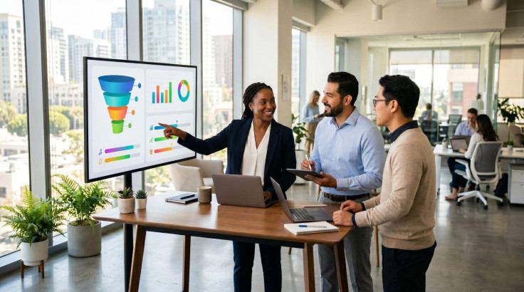 Sales team reviewing pipeline performance on a modern CRM dashboard