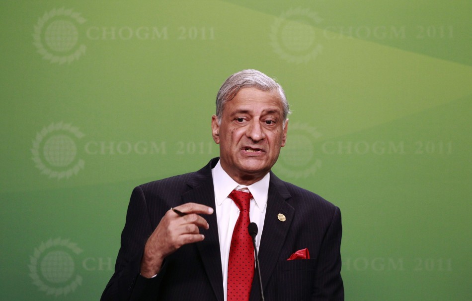 Commonwealth Secretary General Sharma answers question during news conference at a pre-summit business forum in Perth