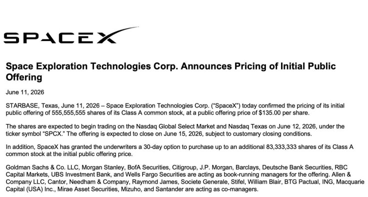 SpaceX has officially confirmed its initial public offering