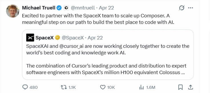 Michael Truell’s X Post Announcing the SpaceX Partnership