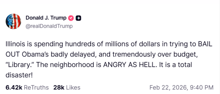 Donald Trump Truth Social Post about Obama Presidential Center