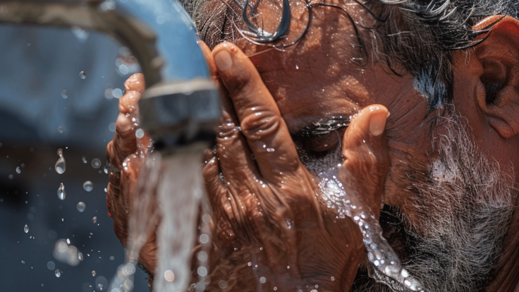 Man washing his face in a public faucet