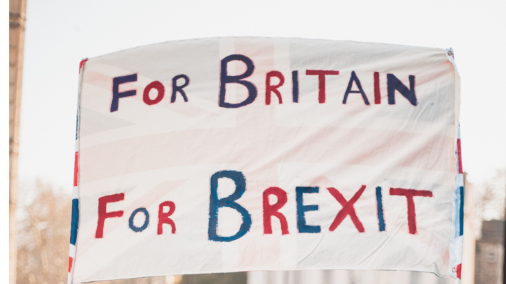 White banner that says 'For Britain For Brexit'