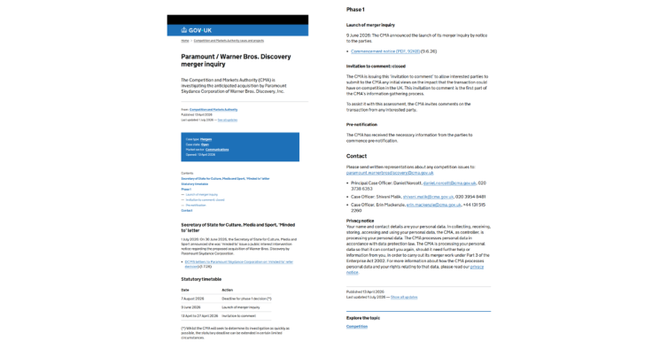 Screenshot of Gov.uk case for Paramount and WB