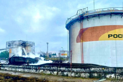 Fuel depot in Sochi, Russia after reported Ukrainian drone attack in August 2025