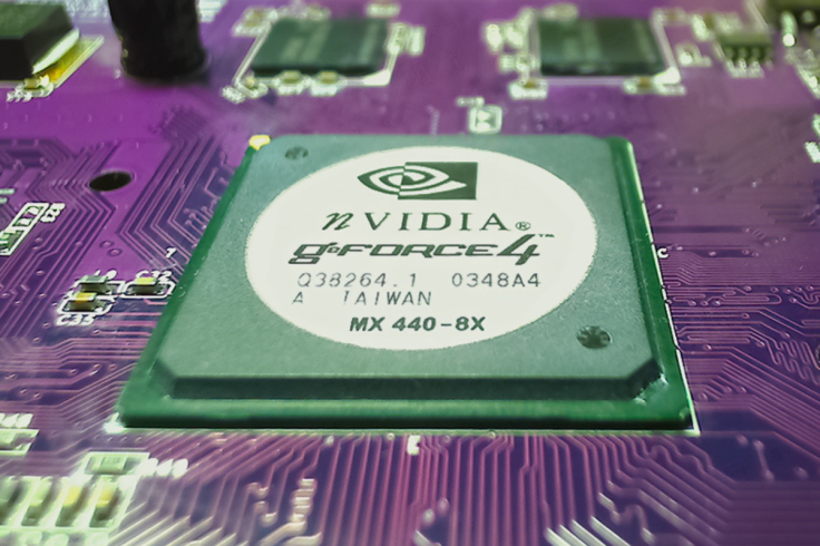 Close-up of an Nvidia GeForce 4 graphics processor chip