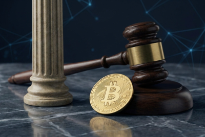 A gold Bitcoin coin rests against a judge's gavel