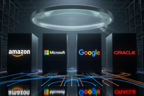 Illustration of four server towers in a dark data hall