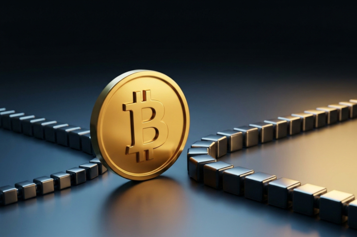 3D render of a gold Bitcoin coin at a junction