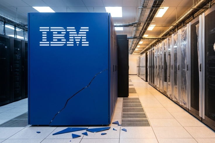 Photorealistic image of a cracked deep-blue IBM mainframe cabinet