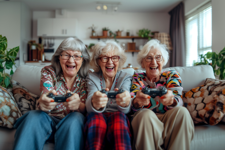 Three elderly women enjoying video games together on a sofa