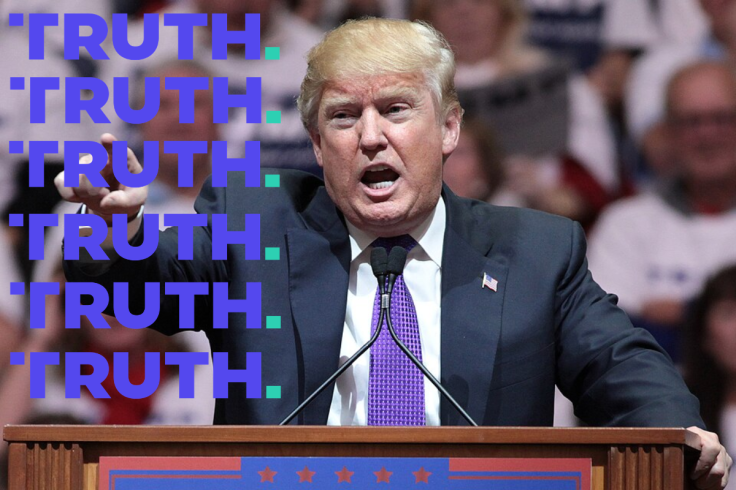 Donald Trump speaking with the Truth Social logo