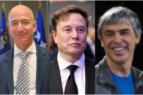Head-and-shoulders photographs of Jeff Bezos, Elon Musk and Larry Page