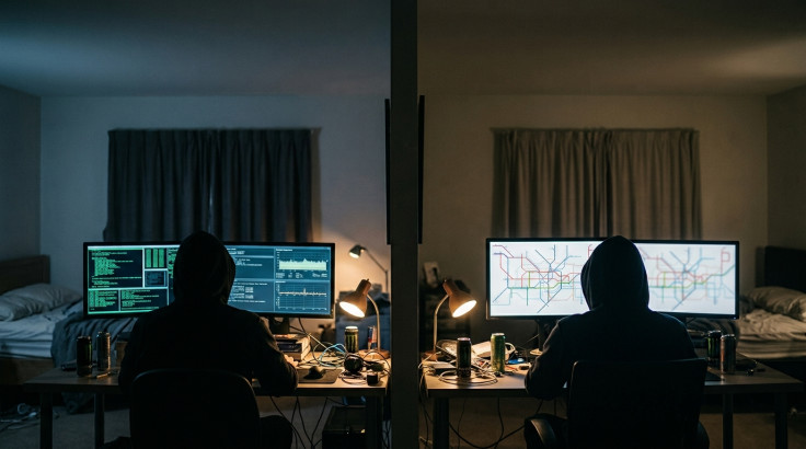 Two unidentifiable hooded figures at desks in separate bedrooms
