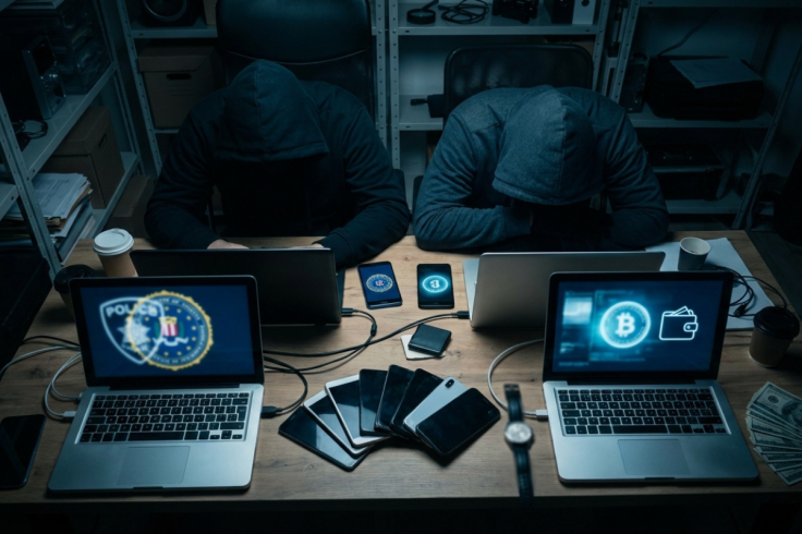 Two hooded figures at screens showing fake police web pages