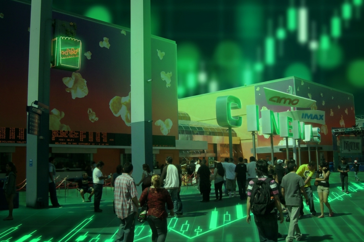 The exterior of an AMC cinema against a blurred green