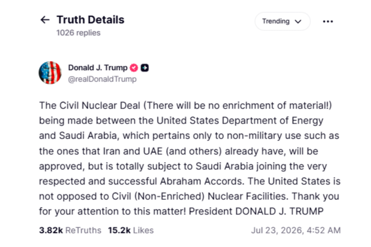 Trump touts U.S.–Saudi civil nuclear deal