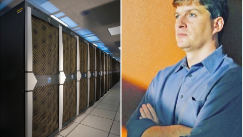 two-panel illustration: rows of server racks in a computing hall