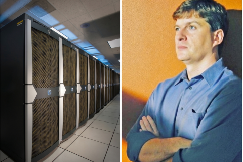two-panel illustration: rows of server racks in a computing hall