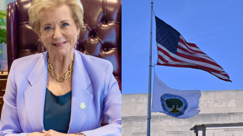 Linda McMahon beside the Department of Education flag