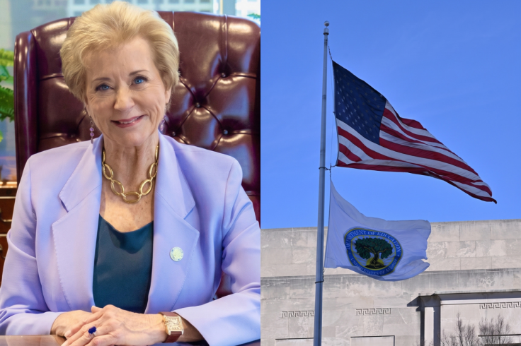 Linda McMahon beside the Department of Education flag
