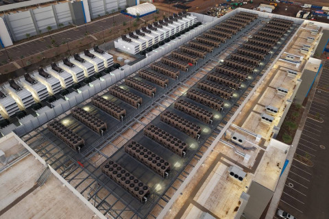 Aerial view of a data centre roof at dusk