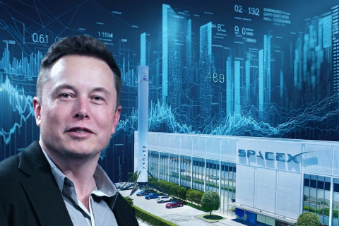 Elon Musk in front of the SpaceX factory building