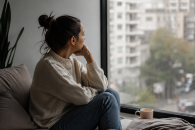 Woman looking out window