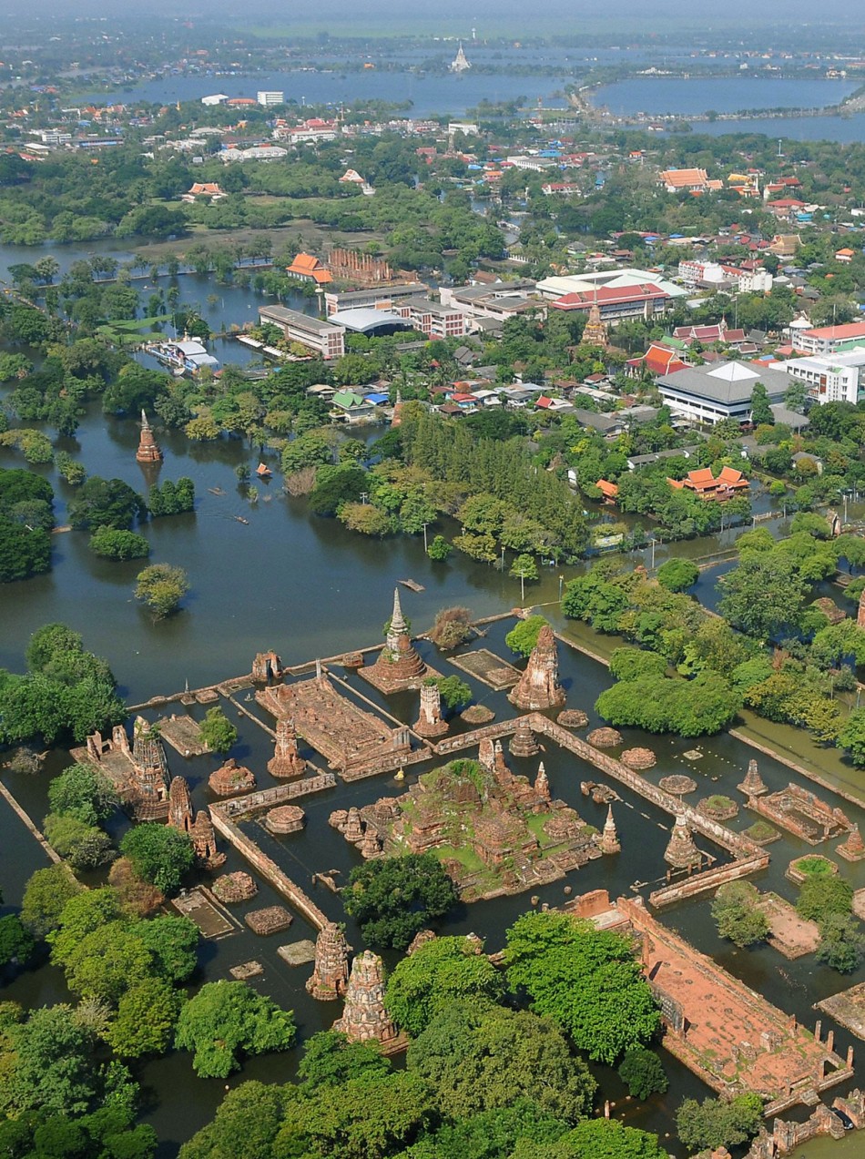 An aerial view shows flooded temples in Ayutthaya province