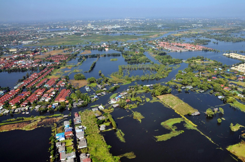 An aerial view shows flooded residential areas in north parts of Bangkok