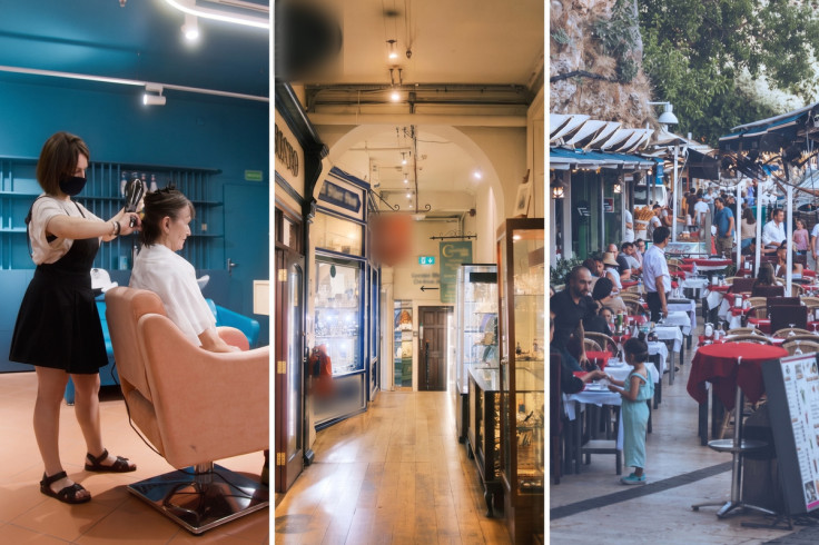Hair salon, a shopping arcade and an outdoor restaurant terrace