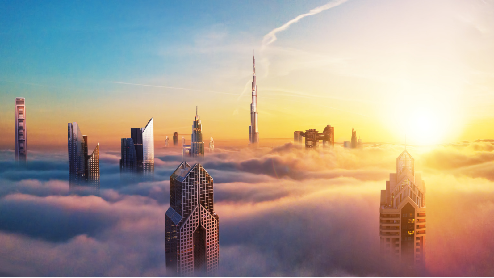 Dubai sunset view of downtown covered with clouds