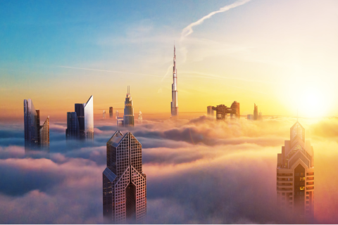 Dubai sunset view of downtown covered with clouds