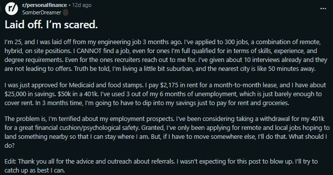 Reddit post headed 'Laid off. I'm scared.'