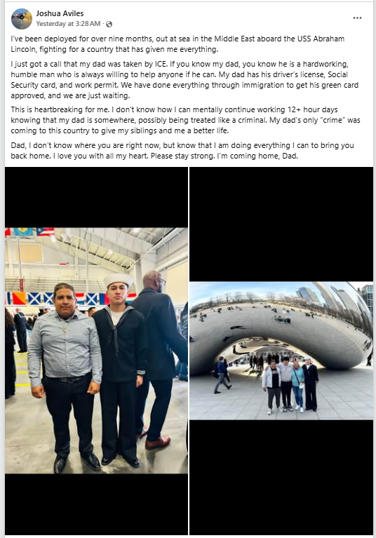 Joshua Aviles' Facebook post about his father taken by ICE