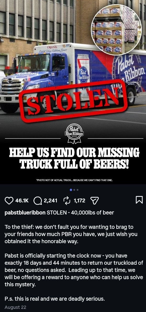 Pabst Blue Ribbon Instagram post